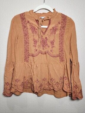 Rust Tunic with Wine Floral Embroidery Flowy Peasant Top Bell Sleeve Cottagecore